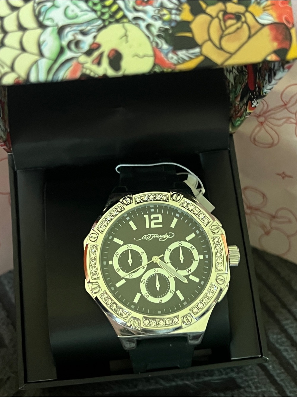 ED HARDY Men's Silver Tone Watch with Crystals